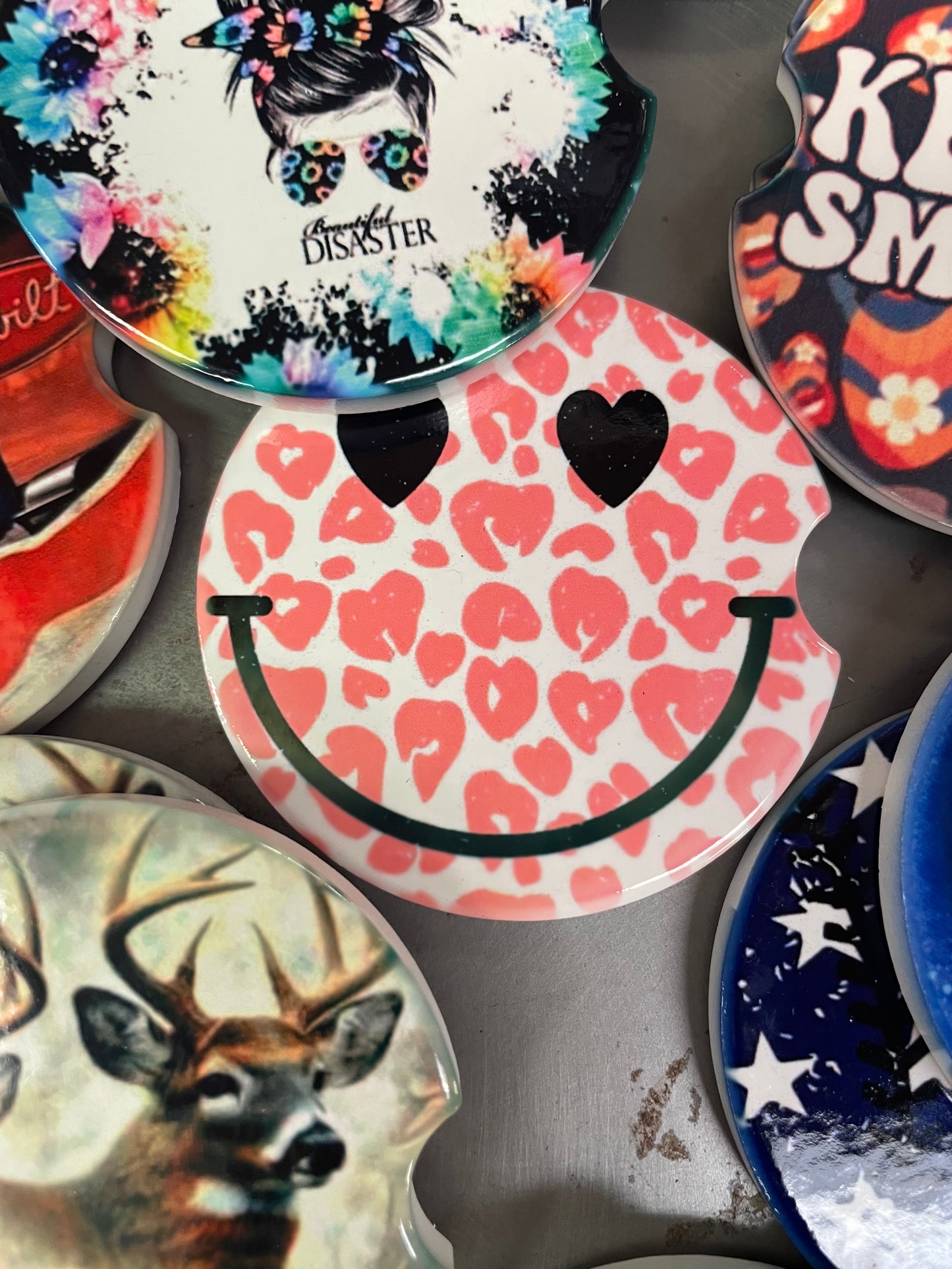 Pink leopard smiley Car Coaster